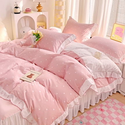 91家纺网 家纺一手货源 找家纺 麦朵家居 2024新款床裙款爱心全棉花边四件套 爱心-粉玉