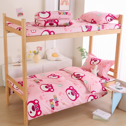 凯森2024新款斜纹加厚全棉三件套寝室学生床笠上下铺床三件套 草莓熊