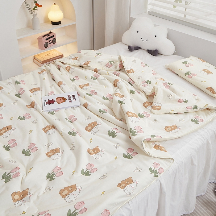 91家纺网 家纺一手货源 找家纺 丝涟家居 2025新款A类双面针织棉卡通小清新滚绳工艺夏被 郁金香兔