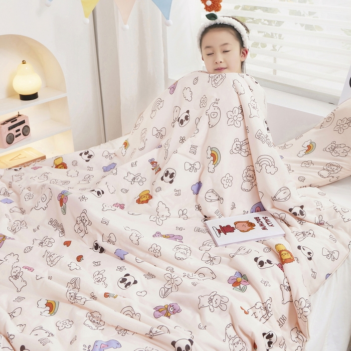 91家纺网 家纺一手货源 找家纺 丝涟家居 2025新款A类双面针织棉卡通小清新滚绳工艺夏被 动物乐园