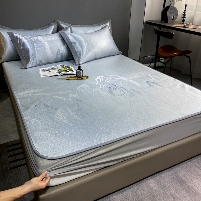 91家纺网 家纺一手货源 找家纺 由有2024升级款A类抗菌高精密色织提花可水洗冰丝凉席三件套/床笠款  山水间