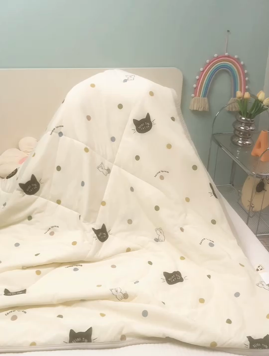 91家纺网 家纺一手货源 找家纺 丝涟家居 2025新款A类卡通小清新双面印花凉感丝夏被 波点猫