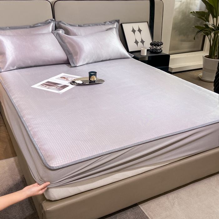 91家纺网 家纺一手货源 找家纺 由有2024升级款A类抗菌高精密色织提花可水洗冰丝凉席三件套/床笠款  千鸟格-粉