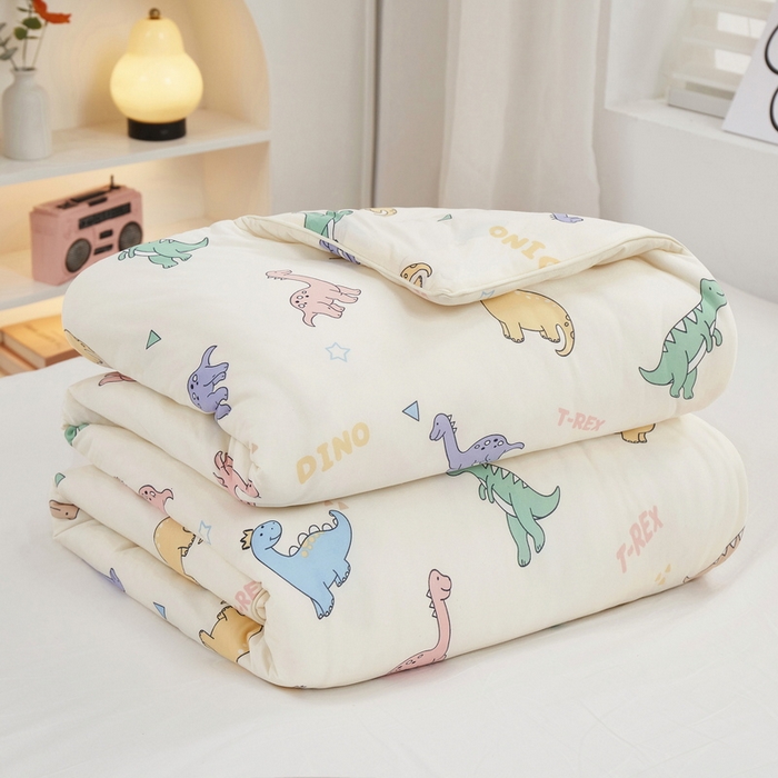 91家纺网 家纺一手货源 找家纺 丝涟家居 2025新款A类双面针织棉卡通小清新滚绳工艺夏被 恐龙时代