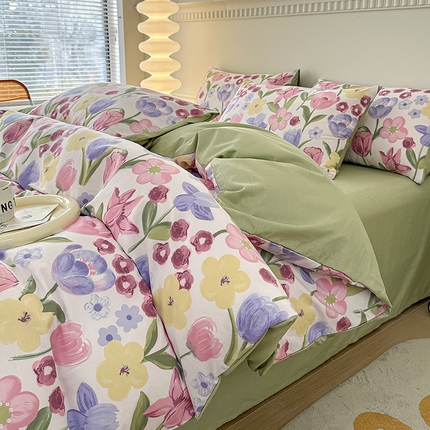 91家纺网 家纺一手货源 找家纺 宇彬家纺 2024新款13372喷气全棉四件套 朵彩-米