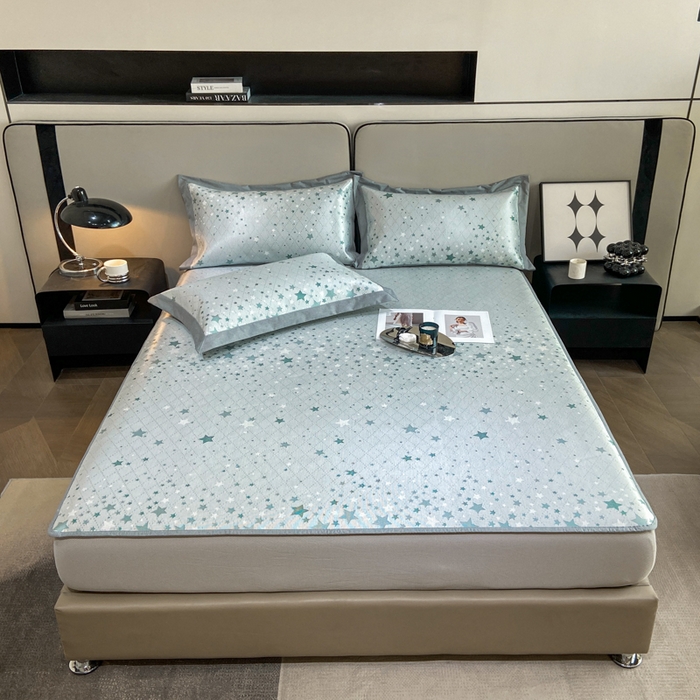 91家纺网 家纺一手货源 找家纺 由有2024升级款A类抗菌高精密色织提花可水洗冰丝凉席三件套/床笠款  繁星-绿