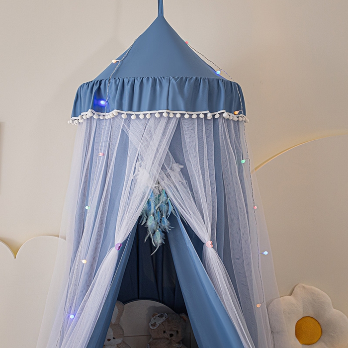 91家纺网 家纺一手货源 找家纺 艾晶美 2025新款儿童圆形尖顶双层布帘蚊帐 玲珑天蓝