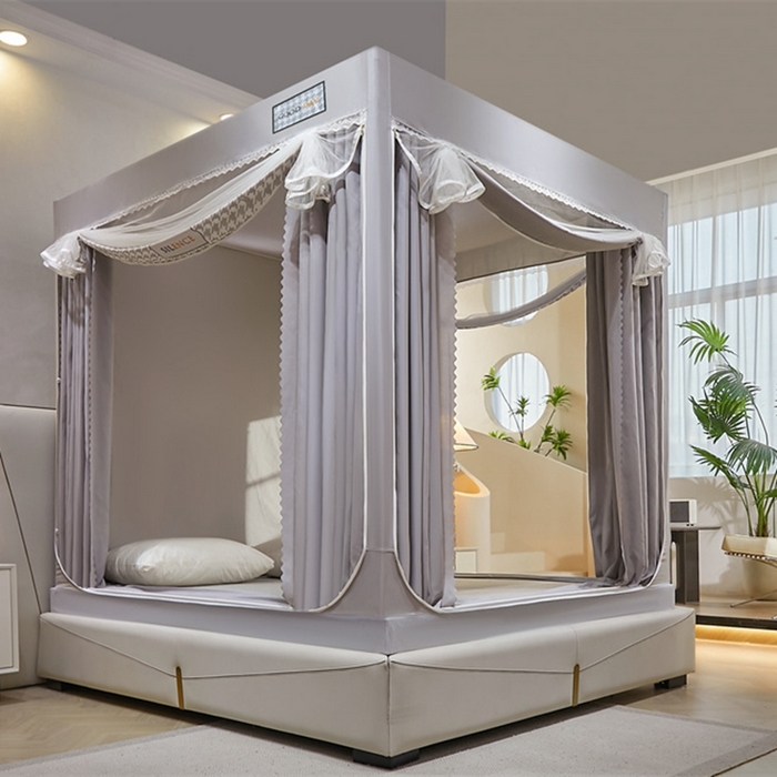 91家纺网 家纺一手货源 找家纺 艾晶美 2025新款轻奢风坐床式布帘遮光蚊帐 千鸟格-灰