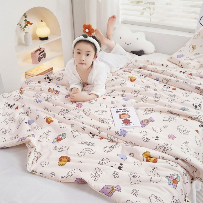 91家纺网 家纺一手货源 找家纺 丝涟家居 2025新款A类双面针织棉卡通小清新滚绳工艺夏被 动物乐园