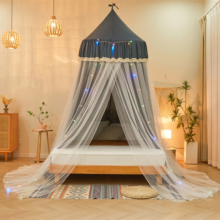 91家纺网 家纺一手货源 找家纺 艾晶美 2025新款圆形尖顶双层布帘蚊帐 幔都-深灰