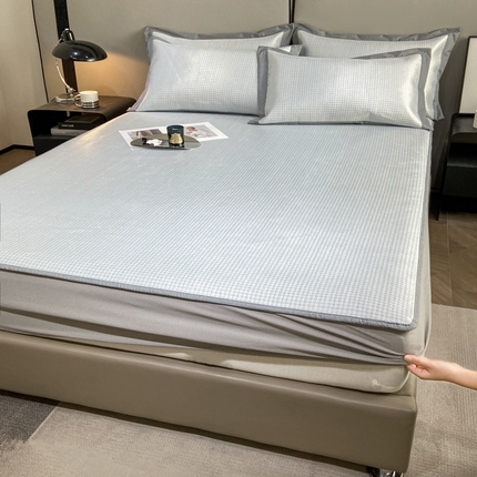 91家纺网 家纺一手货源 找家纺 由有2024升级款A类抗菌高精密色织提花可水洗冰丝凉席三件套/床笠款  千鸟格-灰