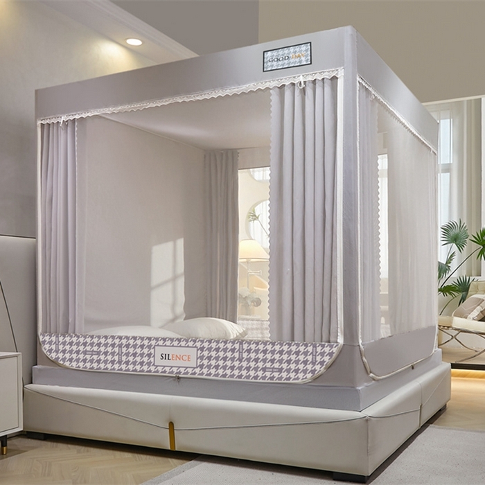 91家纺网 家纺一手货源 找家纺 艾晶美 2025新款轻奢风坐床式布帘遮光蚊帐 千鸟格-灰