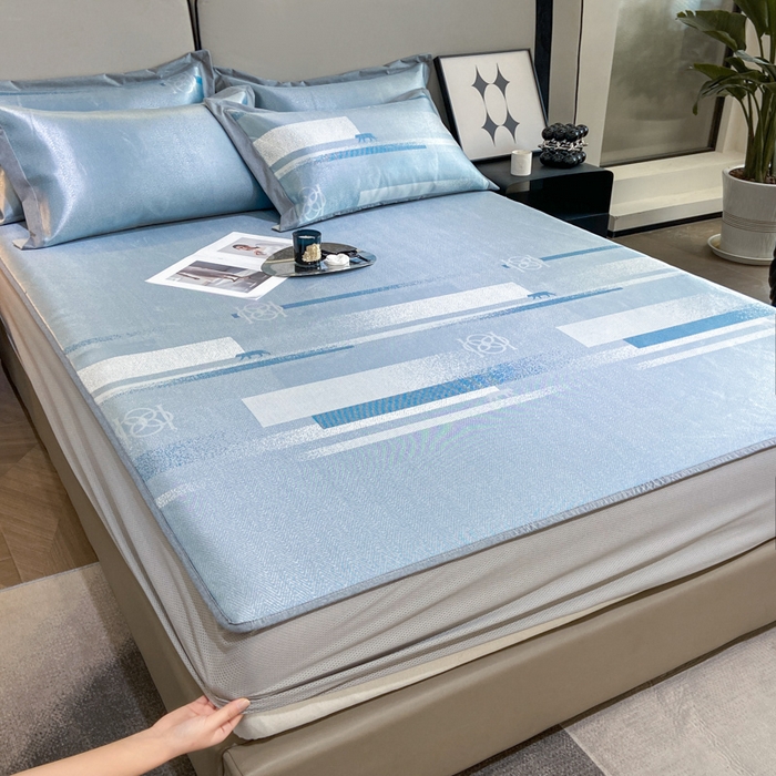 91家纺网 家纺一手货源 找家纺 由有2024升级款A类抗菌高精密色织提花可水洗冰丝凉席三件套/床笠款  时尚派