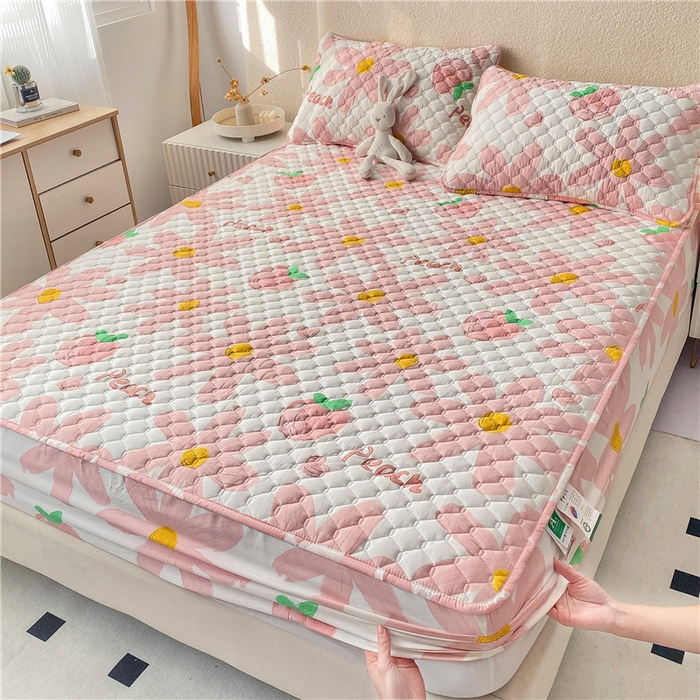 91家纺网 家纺一手货源 找家纺 九亭家纺 2024新款A类全棉抗菌夹棉床笠 全棉-水蜜桃粉