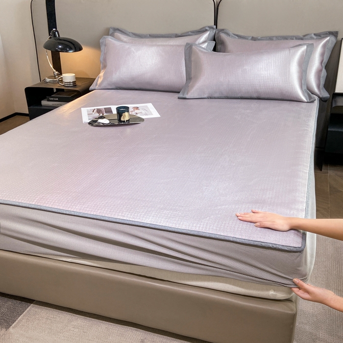 91家纺网 家纺一手货源 找家纺 由有2024升级款A类抗菌高精密色织提花可水洗冰丝凉席三件套/床笠款  千鸟格-粉