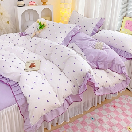 91家纺网 家纺一手货源 找家纺 麦朵家居 2024新款床裙款爱心全棉花边四件套 爱心-白紫