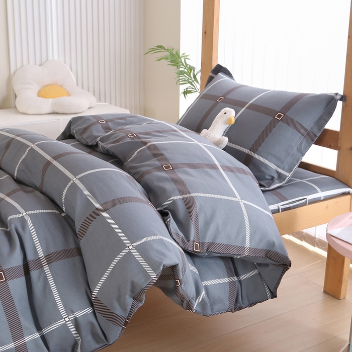 91家纺网 家纺一手货源 找家纺 凯森2024新款133x72全棉三件套纯棉学生床笠宿舍被套上下铺寝室六件套 俄洛伊-灰