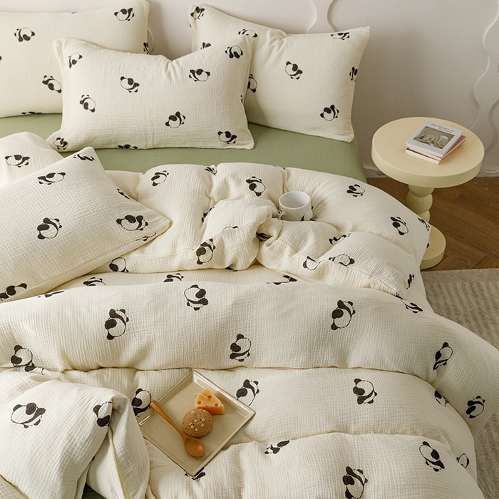 91家纺网 家纺一手货源 找家纺 蜜柚 2024新款全棉双层皱皱纱四件套 熊猫团子