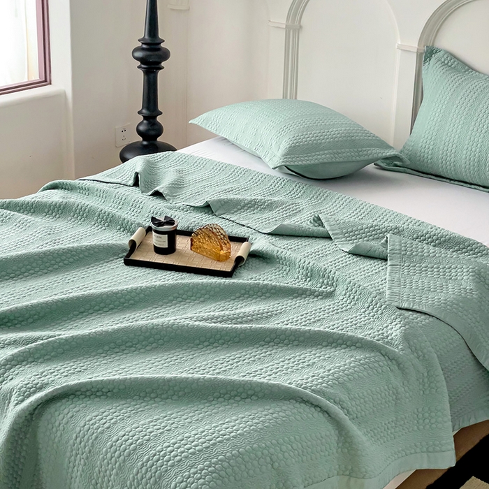 91家纺网 家纺一手货源 找家纺 沐纯家居 2024新款纯色天丝床盖 浅蓝