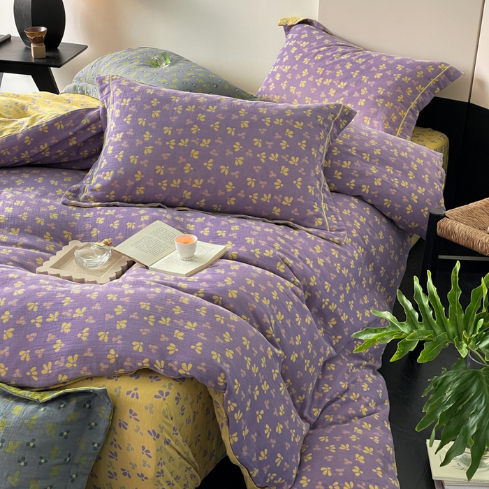 91家纺网 家纺一手货源 找家纺 睡棉坊 2024新款全棉色织提花双层纱复古单被套 诗画-紫