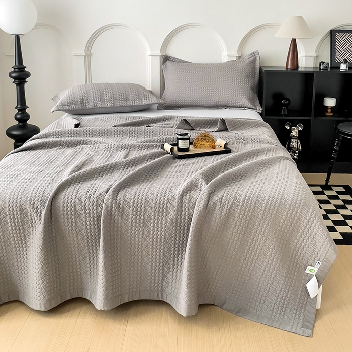 91家纺网 家纺一手货源 找家纺 沐纯家居 2024新款纯色天丝床盖 蓝灰色