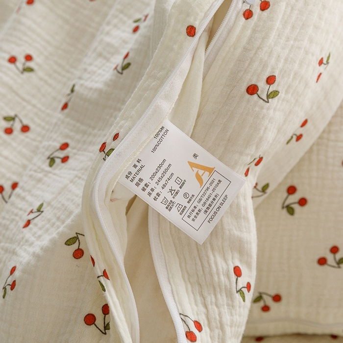 91家纺网 家纺一手货源 找家纺 蜜柚 2024新款全棉双层皱皱纱四件套 小樱桃