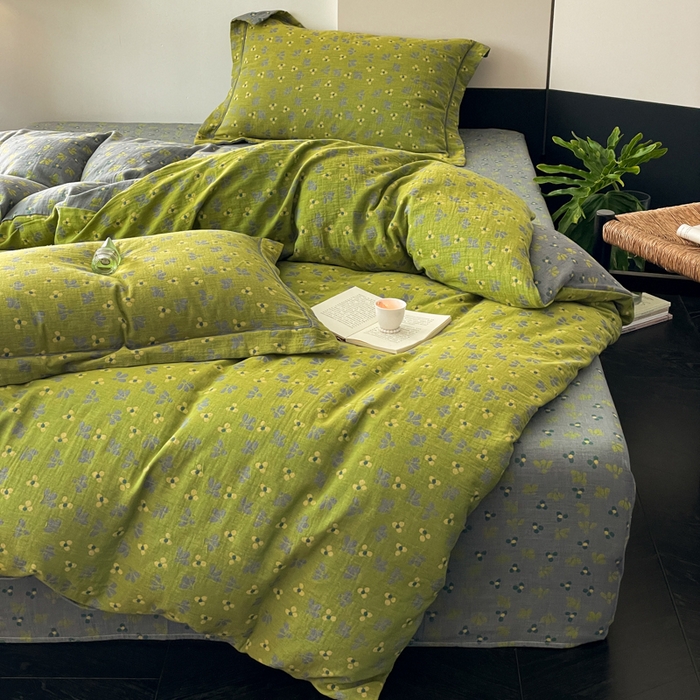 91家纺网 家纺一手货源 找家纺 睡棉坊 2024新款全棉色织提花双层纱复古单被套 诗画-绿