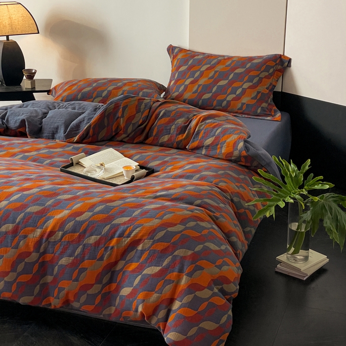 91家纺网 家纺一手货源 找家纺 睡棉坊 2024新款全棉色织提花双层纱复古单被套 连接