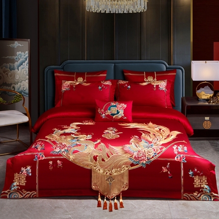 91家纺网 家纺一手货源 找家纺 美娘阁 2025新款长绒棉贡缎提花新中式古典韵味精美刺绣婚庆四件套多件套系列一 喜传天下