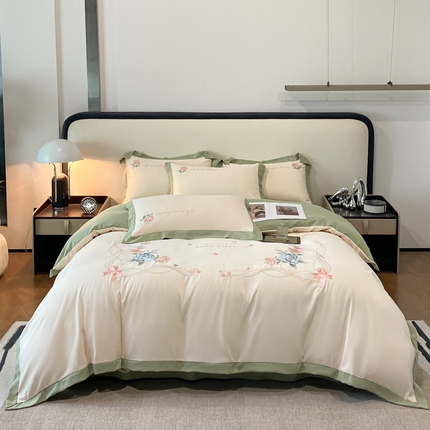 91家纺网 家纺一手货源 找家纺 凯艾玲 2024新款简约轻奢磨毛细斜纹四件套-繁华之都 繁华之都抹茶绿