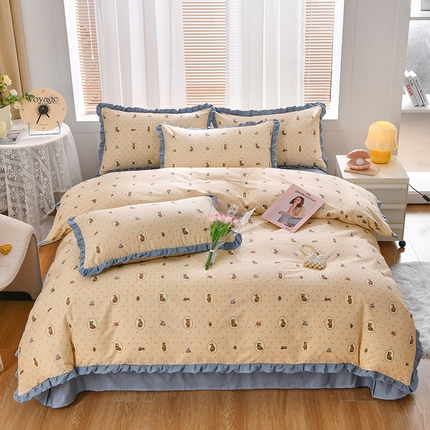 91家纺网 家纺一手货源 找家纺 梦精灵家纺 2025新款花边床单四件套 畅游春园