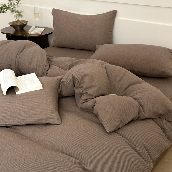 91家纺网 家纺一手货源 找家纺 睡棉坊 2024新款全棉色织提花双层纱复古单被套 千喜格-红咖