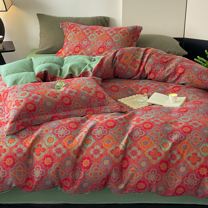 91家纺网 家纺一手货源 找家纺 睡棉坊 2024新款全棉色织提花双层纱复古单被套 百样