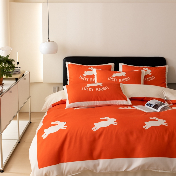 91家纺网 家纺一手货源 找家纺 摩卡 2024新款亲肤真丝棉四件套-幸运兔 幸运兔-橘