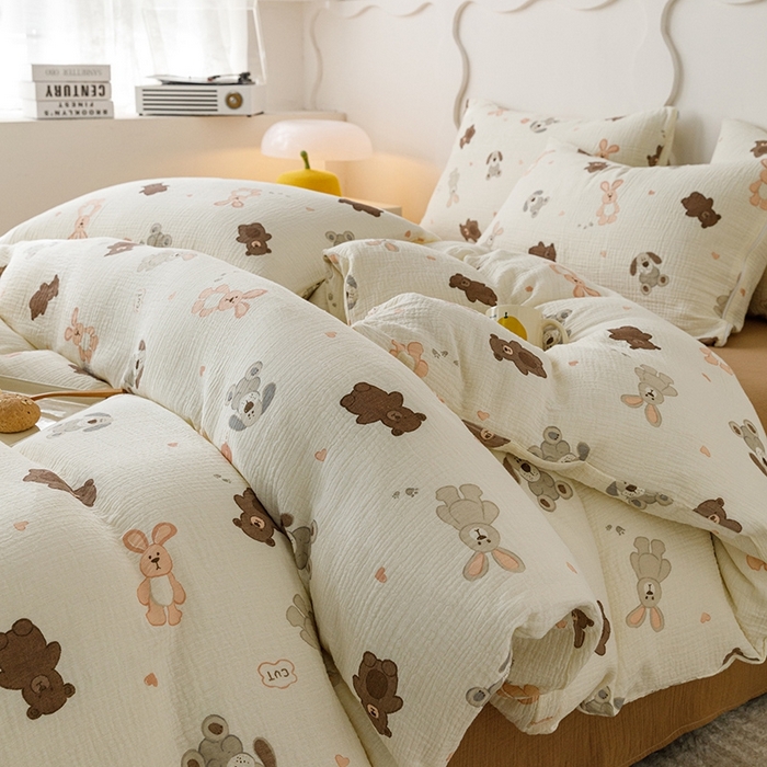 91家纺网 家纺一手货源 找家纺 蜜柚 2024新款全棉双层皱皱纱四件套 动物乐园