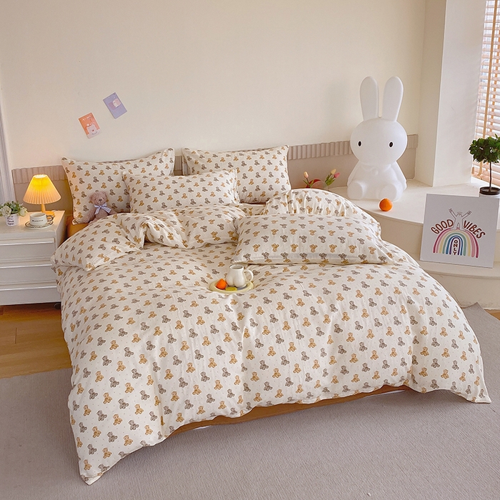 91家纺网 家纺一手货源 找家纺 于果 2024新款全棉双层纱四件套 波点玩偶熊