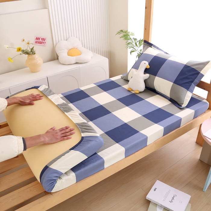 91家纺网 家纺一手货源 找家纺 凯森家纺 2024新款13372全棉印花学生床笠宿舍寝室床垫保护套上下铺床笠 格调-蓝