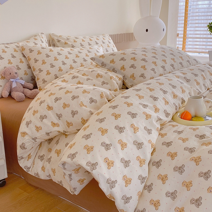 91家纺网 家纺一手货源 找家纺 于果 2024新款全棉双层纱四件套 波点玩偶熊