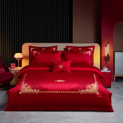 91家纺网 家纺一手货源 找家纺 美娘阁 2025新款长绒棉贡缎提花新中式古典韵味精美刺绣婚庆四件套多件套系列一 缘分