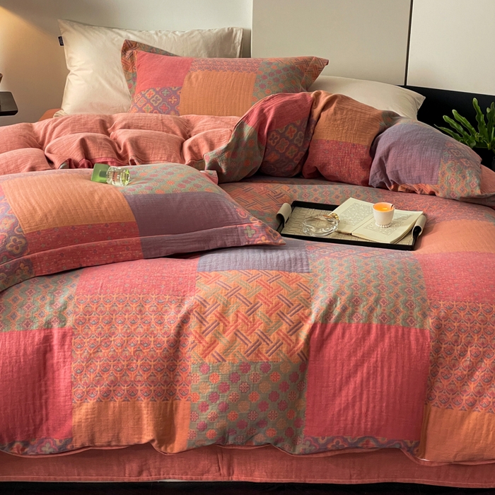 91家纺网 家纺一手货源 找家纺 睡棉坊 2024新款全棉色织提花双层纱复古单被套 百纳