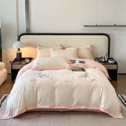 91家纺网 家纺一手货源 找家纺 凯艾玲（原优轩） 2024新款简约轻奢磨毛细斜纹四件套-繁华之都 繁华之都樱花粉