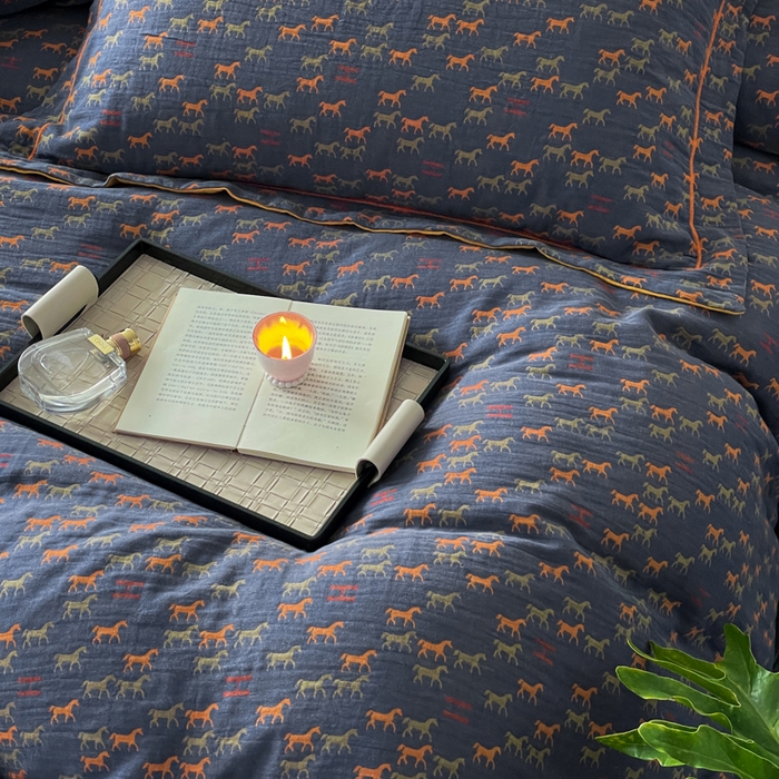 91家纺网 家纺一手货源 找家纺 睡棉坊 2024新款全棉色织提花双层纱复古单被套 群马