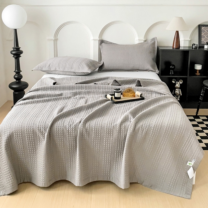 91家纺网 家纺一手货源 找家纺 沐纯家居 2024新款纯色天丝床盖 蓝灰色