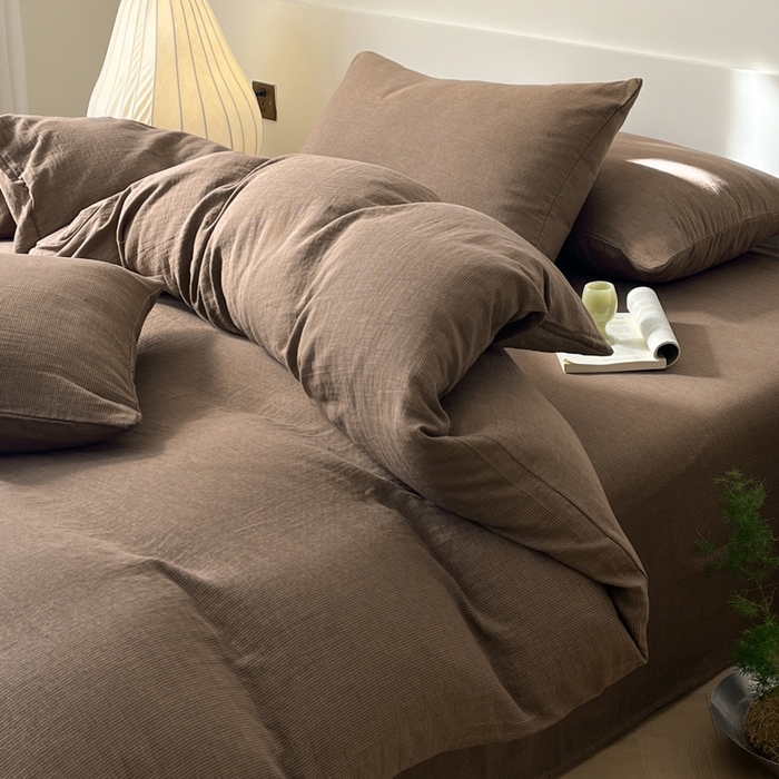 91家纺网 家纺一手货源 找家纺 睡棉坊 2024新款全棉色织提花双层纱复古单被套 千喜格-红咖