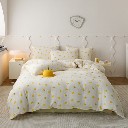 蜜柚 2024新款全棉双层皱皱纱四件套 快乐鸭鸭