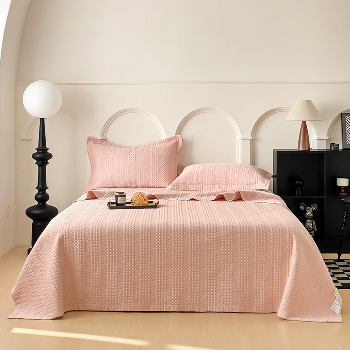 91家纺网 家纺一手货源 找家纺 沐纯家居 2024新款纯色天丝床盖 蜜桃粉