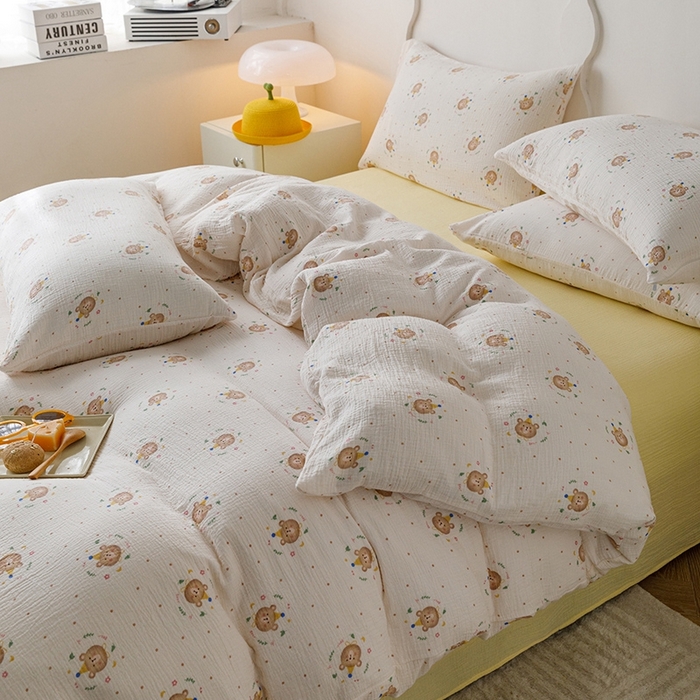 91家纺网 家纺一手货源 找家纺 蜜柚 2024新款全棉双层皱皱纱四件套 饼干熊
