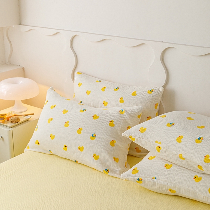 91家纺网 家纺一手货源 找家纺 蜜柚 2024新款全棉双层皱皱纱四件套 快乐鸭鸭