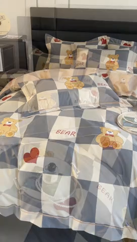 91家纺网 家纺一手货源 找家纺 7V 2024新款轻奢13376纯棉全棉喷气四件套 爱心熊宝-灰