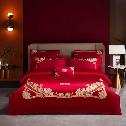91家纺网 家纺一手货源 找家纺 美娘阁 2025新款长绒棉贡缎提花古典新中式奢华精美刺绣四件套系列二 喜事连连